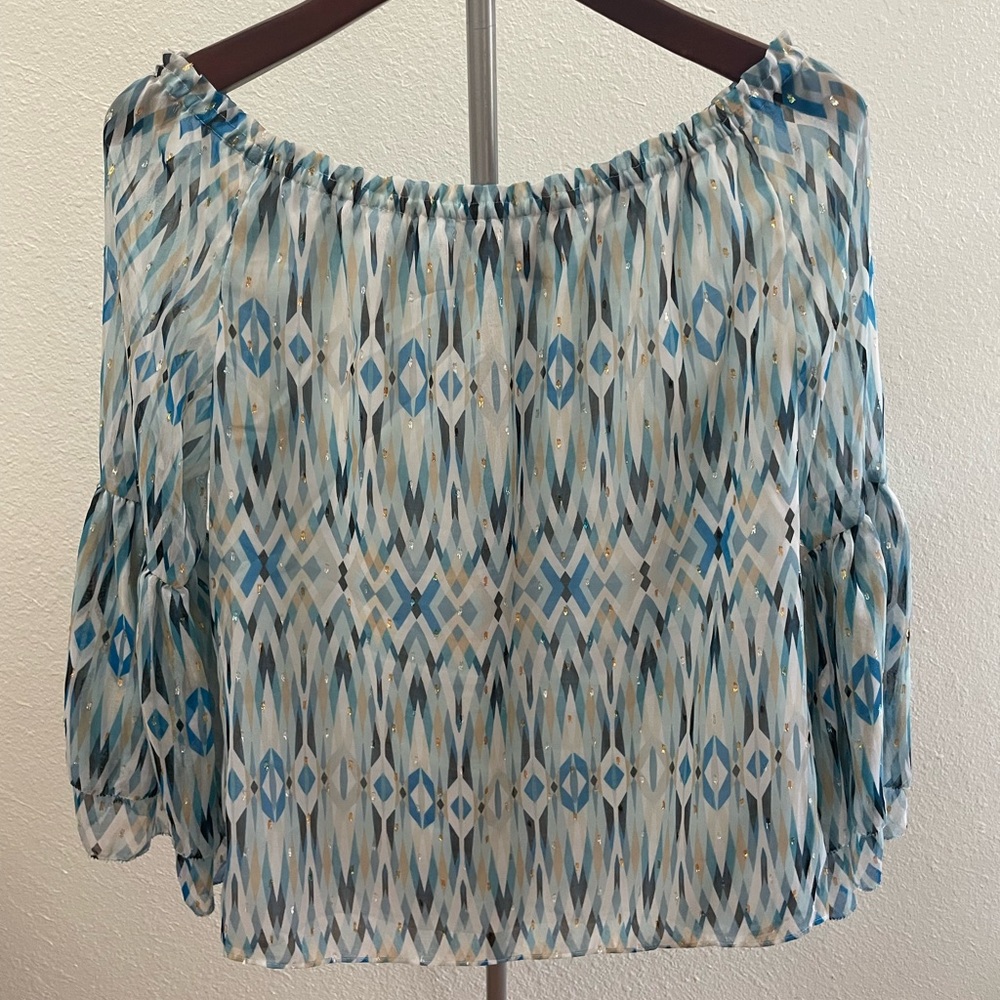 White House Black Market Blue Geometric Off-Shoulder Blouse